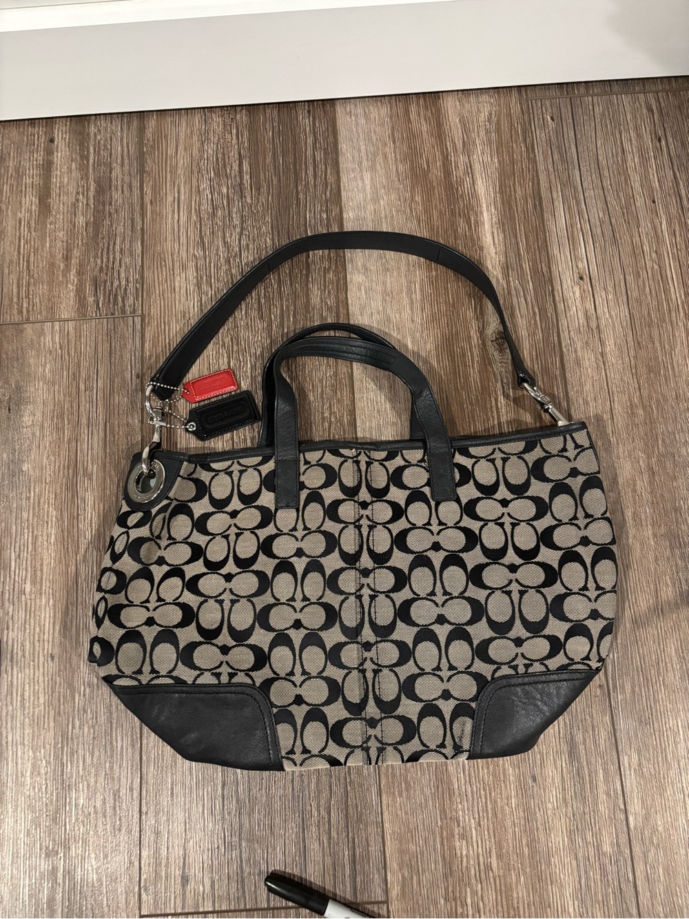 Coach Signature Jacquard Tote in Black and Beige with Leather Trim